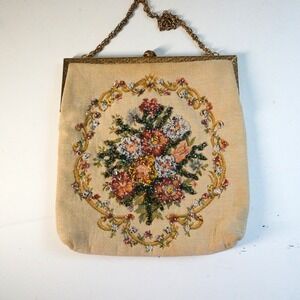 Vintage Delill Floral Beaded Tapestry Handbag‎ Evening Bag Party Purse